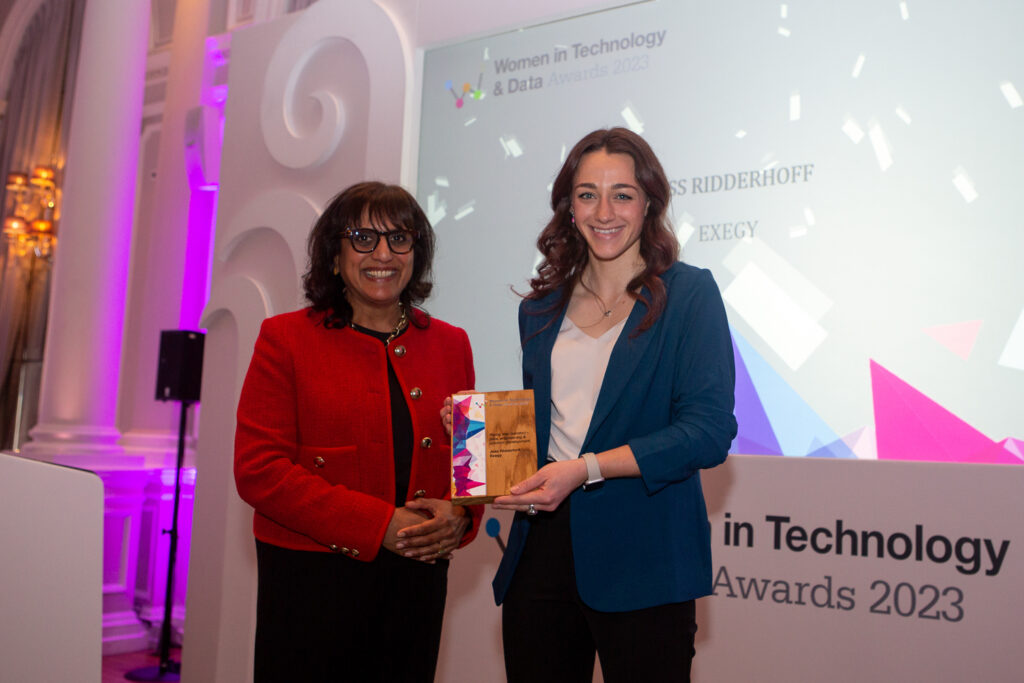 Jess Ridderhoff is presented with her Rising Star Award at the Women in Technology and Data Awards 2023.